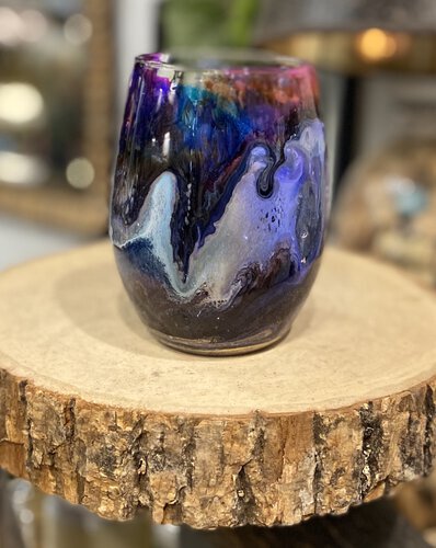D And S Craftworks 20oz Purple With Gold And Blue Swirl Hand Made Single Stemless Glass Set Of 2