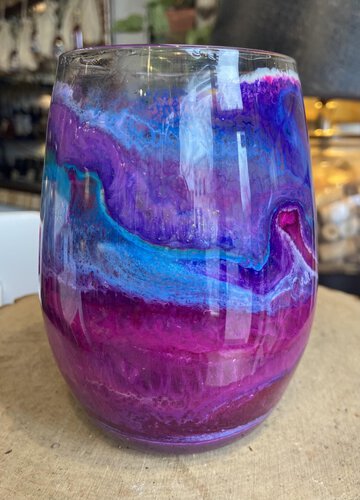 D And S Craftworks 20oz Purple With Blue Pink And Gold Swirl Hand Made Stemless Wine Glass