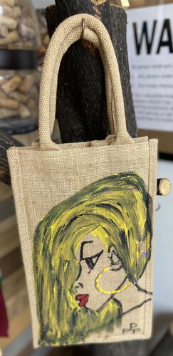 Ppp Artwork Hand Painted 4 Bottle Canvas Wine Bag Yellow Bob With Yellow Hoop Holds 4 Bottles With Dividers