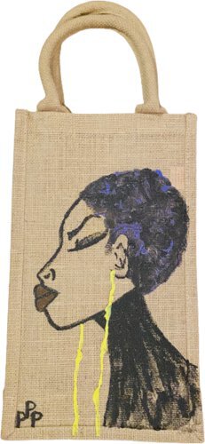 Ppp Artwork Hand Painted 2 Bottle Canvas Wine Bag Purple Baldie Yellow Earring Holds 2 Bottles With Dividers