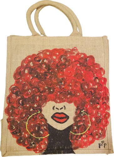 Ppp Artwork Hand Painted 6 Bottle Canvas Wine Bag Red Curly Afro Girl With Yellow Hoops Holds 6 Bottles With Dividers