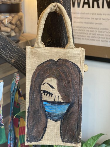 Ppp Artwork Hand Painted 4 Bottle Canvas Wine Bag Brown Bob With Blue Mask Holds 4 Bottles With Dividers