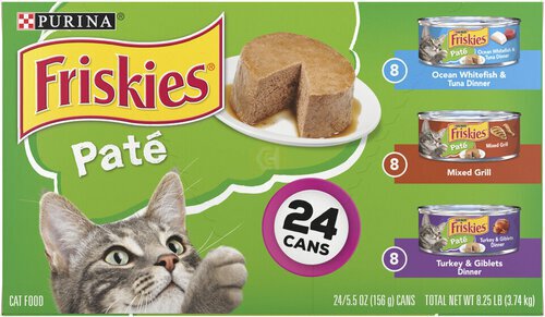 Purina Friskies Wet Cat Food Pate Variety Pack, Ocean Whitefish and Tuna, Mixed Grill and Turkey and Giblets Dinners