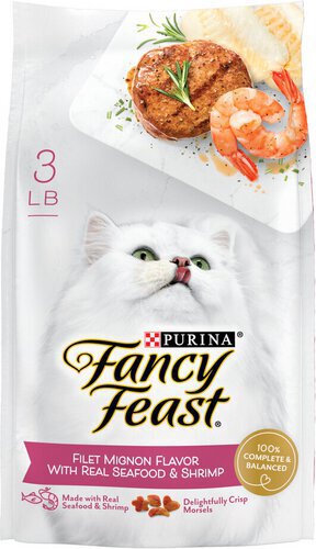 Purina Fancy Feast Dry Cat Food Filet Mignon Flavor with Seafood and Shrimp