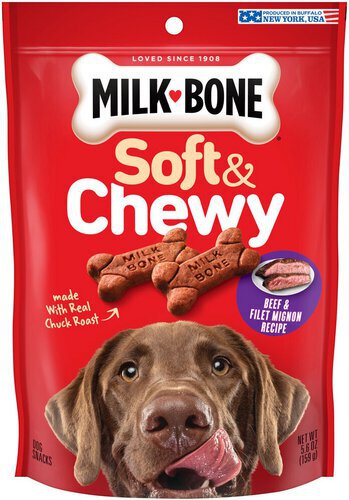 Milk-Bone Soft and Chewy Dog Treats, Beef & Filet Mignon Recipe With Chuck Roast, 5.6oz Bag