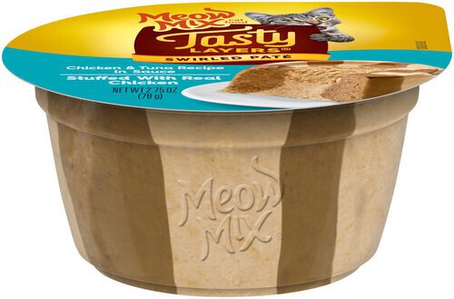 Meow Mix Tasty Layers Swirled Paté Cat Food, Chicken & Tuna Recipe Stuffed with Real Chicken, 2.75 oz Cup