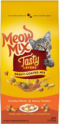 Meow Mix Tasty Layers Dry Cat Food, Roasted Chicken Flavor Coated in Homestyle Gravy, 3 lb Bag