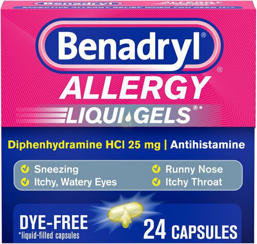 Benadryl Liqui-Gels Antihistamine Allergy Medicine & Cold Symptom Relief, Dye-Free Liquid Gels with 25 mg of Diphenhydramine HCl for Symptoms Such As Runny Nose, Sneezing & More, 24 ct