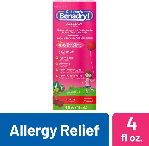 Children's Benadryl Allergy Relief Liquid Medicine with Diphenhydramine HCl, Kids' Allergy Syrup for Allergy Symptoms Like Runny Nose, Itchy Eyes & More, Cherry Flavor, 4 fl. oz