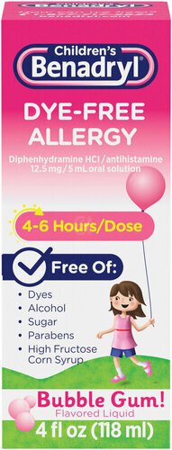 Children's Benadryl Dye-Free Allergy Liquid Medication with Diphenhydramine HCl, Antihistamine Allergy Relief Medication for Kids, Dye-Free, Alcohol-Free, Bubble Gum Flavor, 4 fl. oz