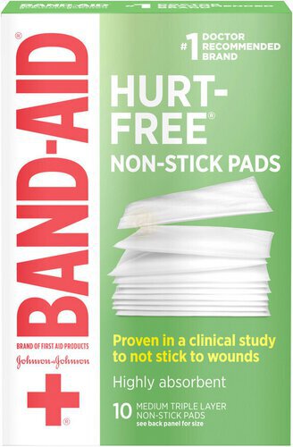 Band-Aid Brand Hurt-Free Non-Stick Pads with Hurt-Free Design for Wound Care & Wound Protection, Highly-Absorbent Individually-Wrapped Sterile Pads, Medium Size, 2 inches x 3 inches, 10 ct