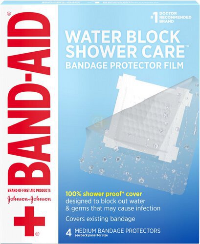 Band-Aid Brand First Aid Water Block Shower Care Clear Bandage Protector, Bandage, Gauze & Wound Cover to Block Out Water & Germs, 100% Shower-Proof in Lab Studies, Medium-Sized, 4 ct