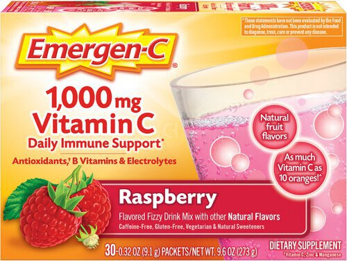 Emergen-C Vitamin C 1000mg Powder (30 Count, Raspberry Flavor, 1 Month Supply), With Antioxidants, B Vitamins and Electrolytes, Dietary Supplement Fizzy Drink Mix, Caffeine Free