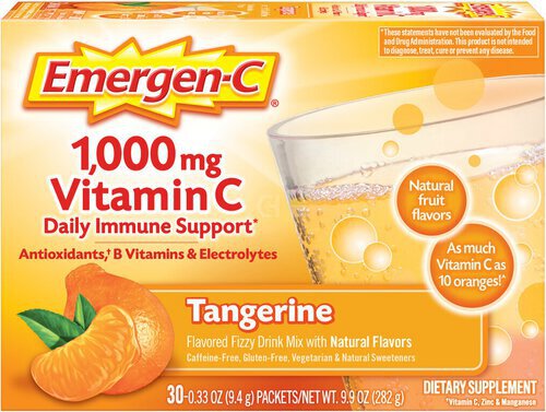Emergen-C Vitamin C 1000mg Powder (30 Count, Tangerine Flavor, 1 Month Supply), With Antioxidants, B Vitamins and Electrolytes, Dietary Supplement Fizzy Drink Mix, Caffeine Free