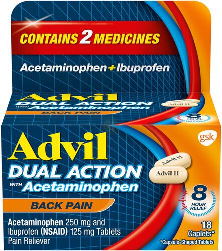 Advil Dual Action Back Pain Caplets delivers 250mg Ibuprofen and 500mg Acetaminophen Per Dose for 8 Hours of Back Pain Relief - 18 Count