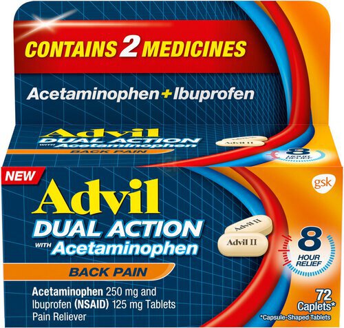 Advil Dual Action Back Pain Caplets delivers 250mg Ibuprofen and 500mg Acetaminophen Per Dose for 8 Hours of Back Pain Relief - 72 Count