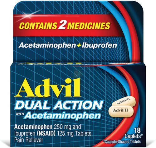 Advil Dual Action Coated Caplets with Acetaminophen, 250 Mg Ibuprofen and 500 Mg Acetaminophen Per Dose (2 Dose Equivalent) for 8 Hour Pain Relief - 18 Count