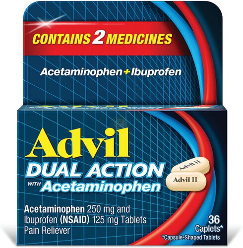 Advil Dual Action Coated Caplets with Acetaminophen, 250 Mg Ibuprofen and 500 Mg Acetaminophen Per Dose (2 Dose Equivalent) for 8 Hour Pain Relief - 36 Count