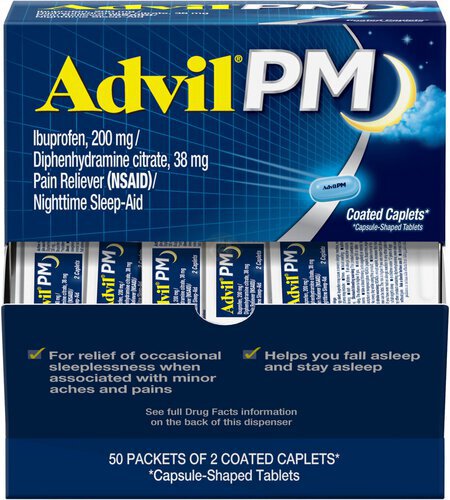 Advil PM Pain Reliever and Nighttime Sleep Aid, Ibuprofen for Pain Relief and Diphenhydramine Citrate for a Sleep Aid - 50x2 Coated Caplets