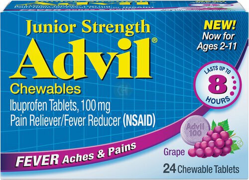 Advil Junior Strength Pain Reliever and Fever Reducer, Chewable Children's Ibuprofen for Pain Relief, Grape - 24 Tablets