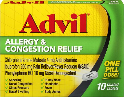 Advil Allergy and Congestion Relief, Pain Reliever, Fever Reducer and Allergy Relief with Ibuprofen, Phenylephrine HCl and Chlorpheniramine Maleate 4 mg - 10 Coated Tablets