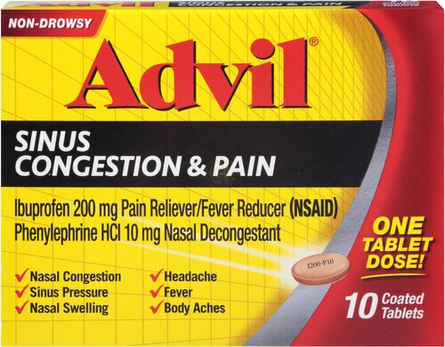 Advil Sinus Congestion and Pain, Sinus Medicine, Pain Reliever and Fever Reducer with Ibuprofen and Phenylephrine HCl - 10 Coated Tablets