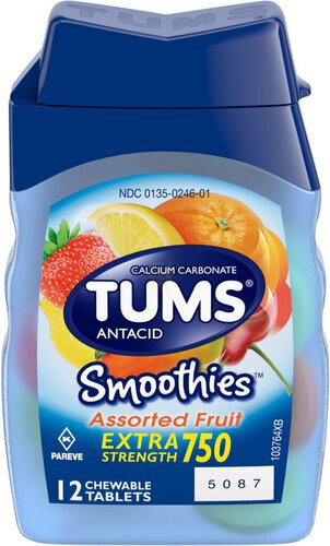 TUMS Smoothies Chewable Extra Strength Antacid Tablets for Heartburn Relief, Assorted Fruit - 12 Count