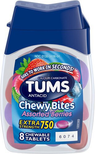 TUMS Chewy Bites Chewable Antacid Tablets for Heartburn Relief, Assorted Berries - 8 Count