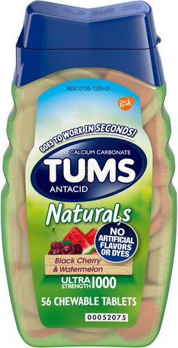 TUMS Naturals Ultra Strength Antacid Chews for Heartburn Relief, Black Cherry & Watermelon - 56 Count