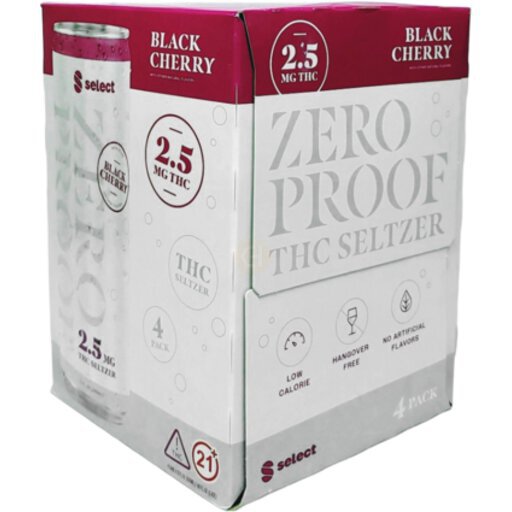 CURALEAF SELECT ZERO PROOF 2.5MG THC SELTZER BLACK CHERRY CANS 4PK