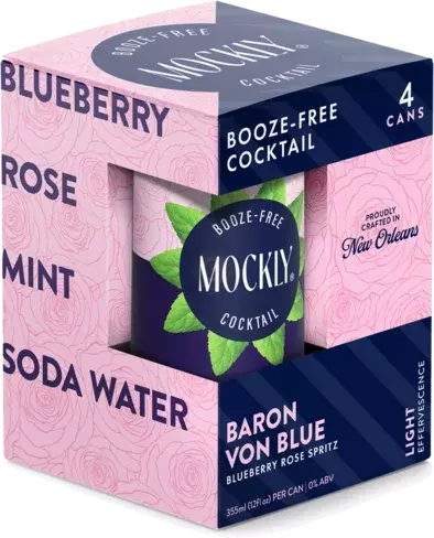 Mockly Baron Von Blue Booze Free Cocktail Ready To Drink Non Alcoholic Cocktail Mocktail Drink Mixer Blueberry Rose Mint Soda Zero Proof Ounces Per 4 Pack