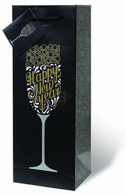Gift Bag Happy New Year Black/Gold Champagne Glass